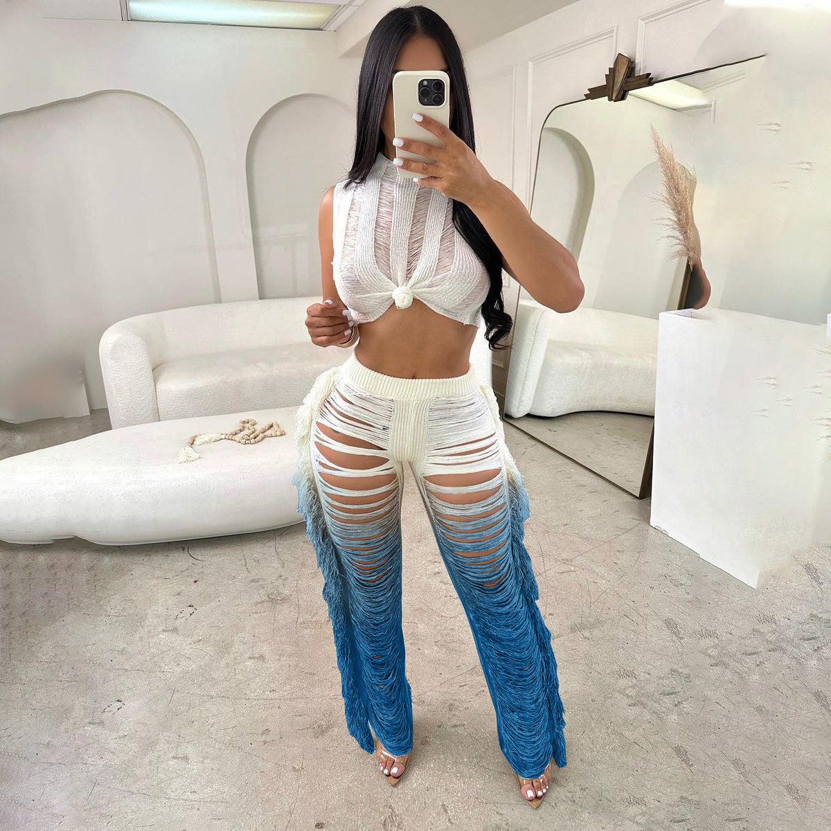 Women Fashion Sexy Contrast Color Hollow-Out Crop Top and Tassel Pants Two-Piece Set