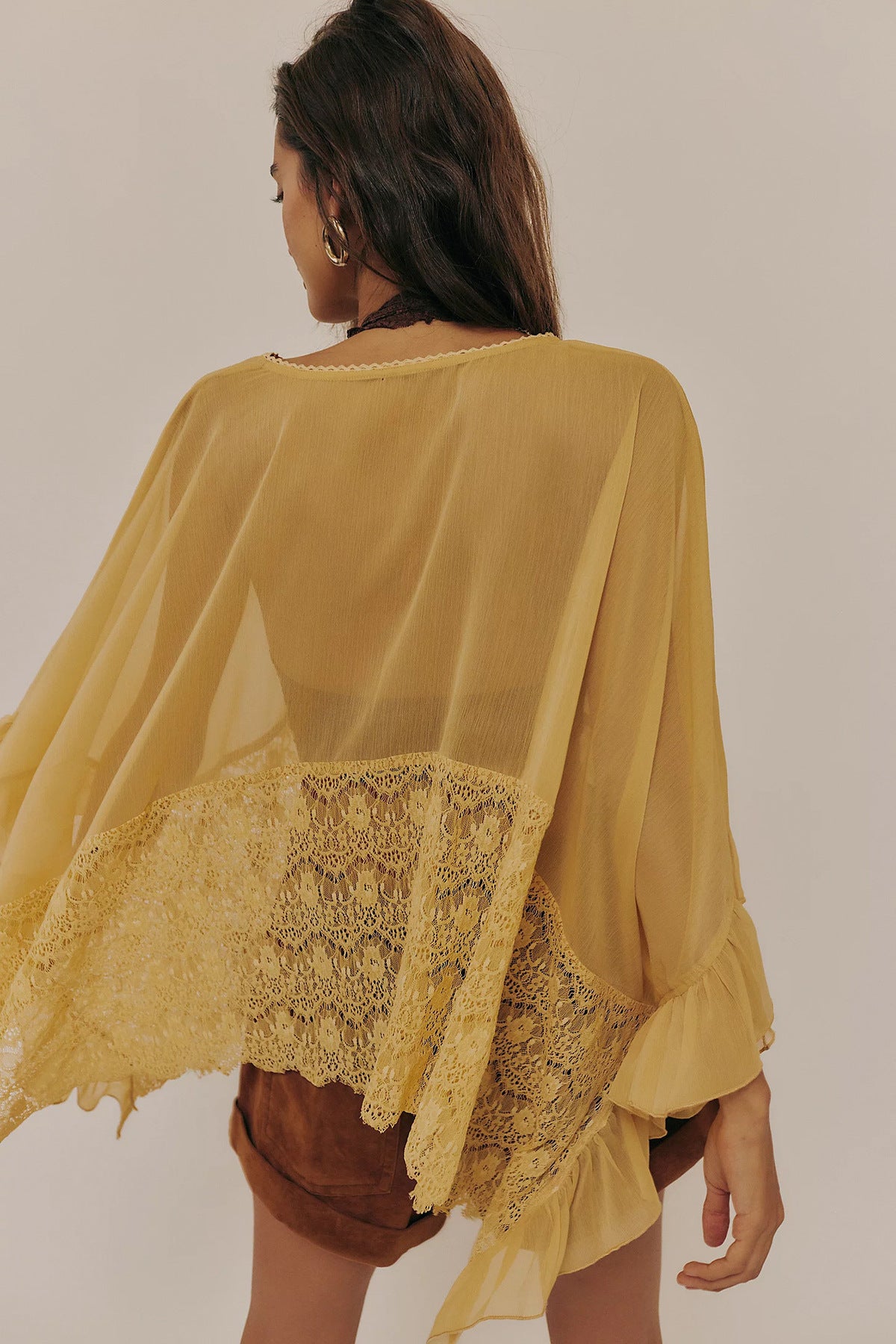 Women Fashion Sexy Mesh Lace Stitching Bat Sleeve Cover-Up