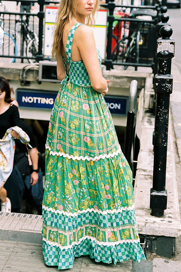 Women Fashion Printed Lace Sleeveless Backless Loose Dress