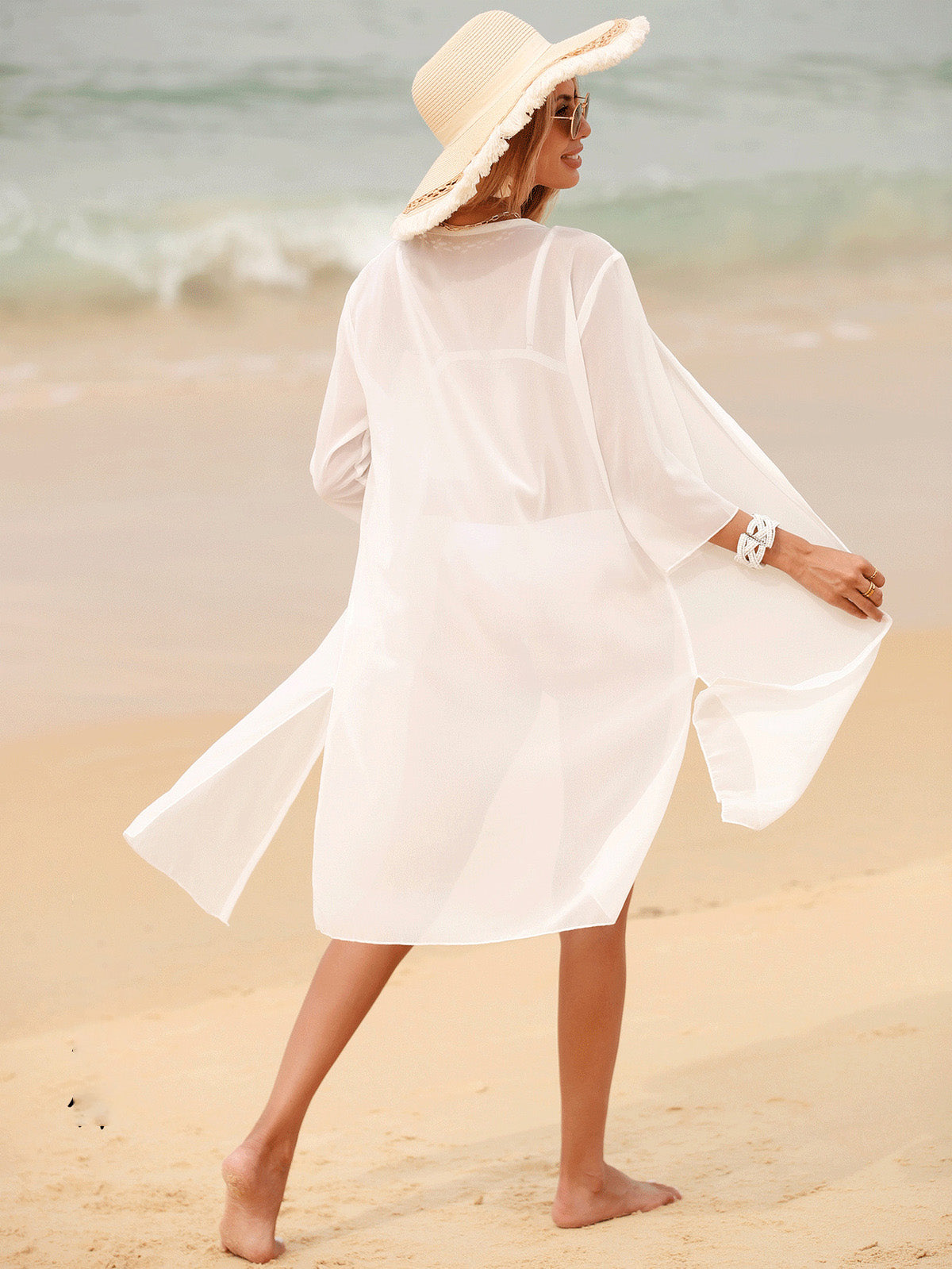 Vestido playero de gasa de color liso informal a la moda para mujer