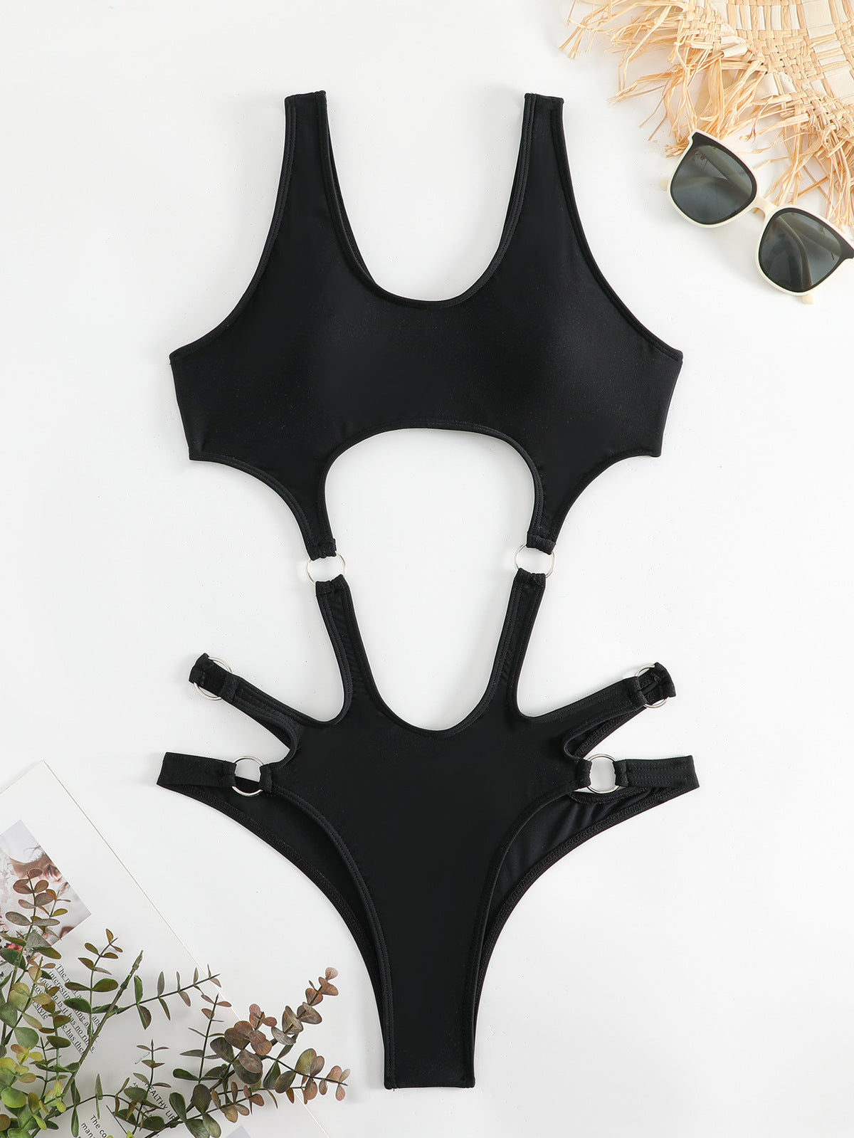 Traje de baño sexy de color sólido con agujeros para mujer