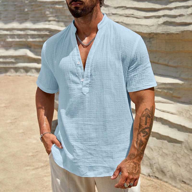 Chemise à manches courtes et col en V pour homme, couleur unie, style loisirs et vacances
