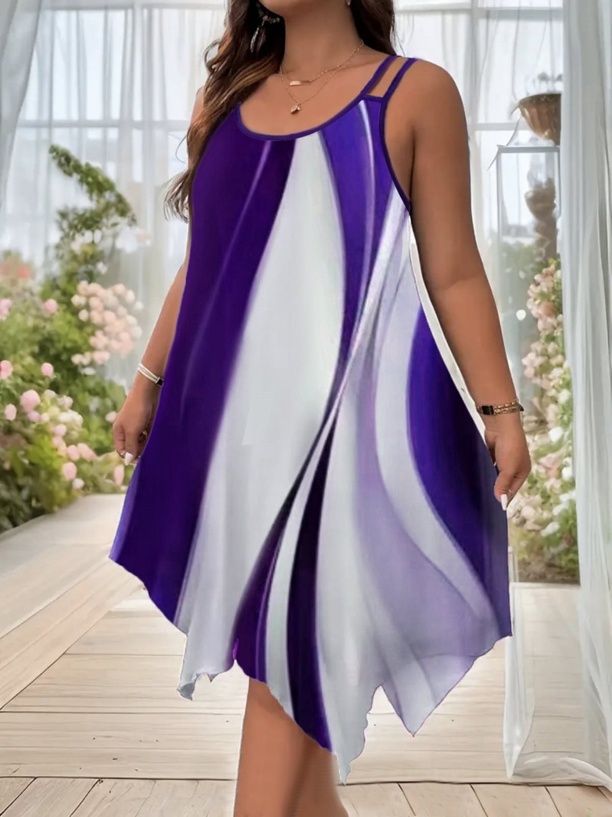 Vestido informal de talla grande con cuello redondo, sin mangas y dobladillo asimétrico para mujer