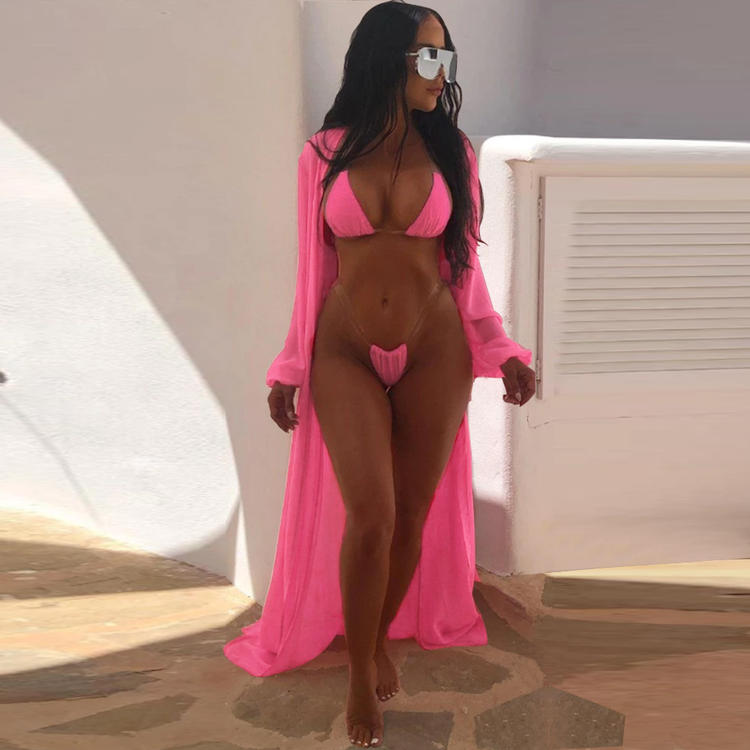 Conjunto de traje de baño de malla de color sólido sexy de moda para mujer