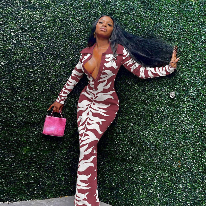 Women Fashion Sexy Printed Lapel-Breasted Dress