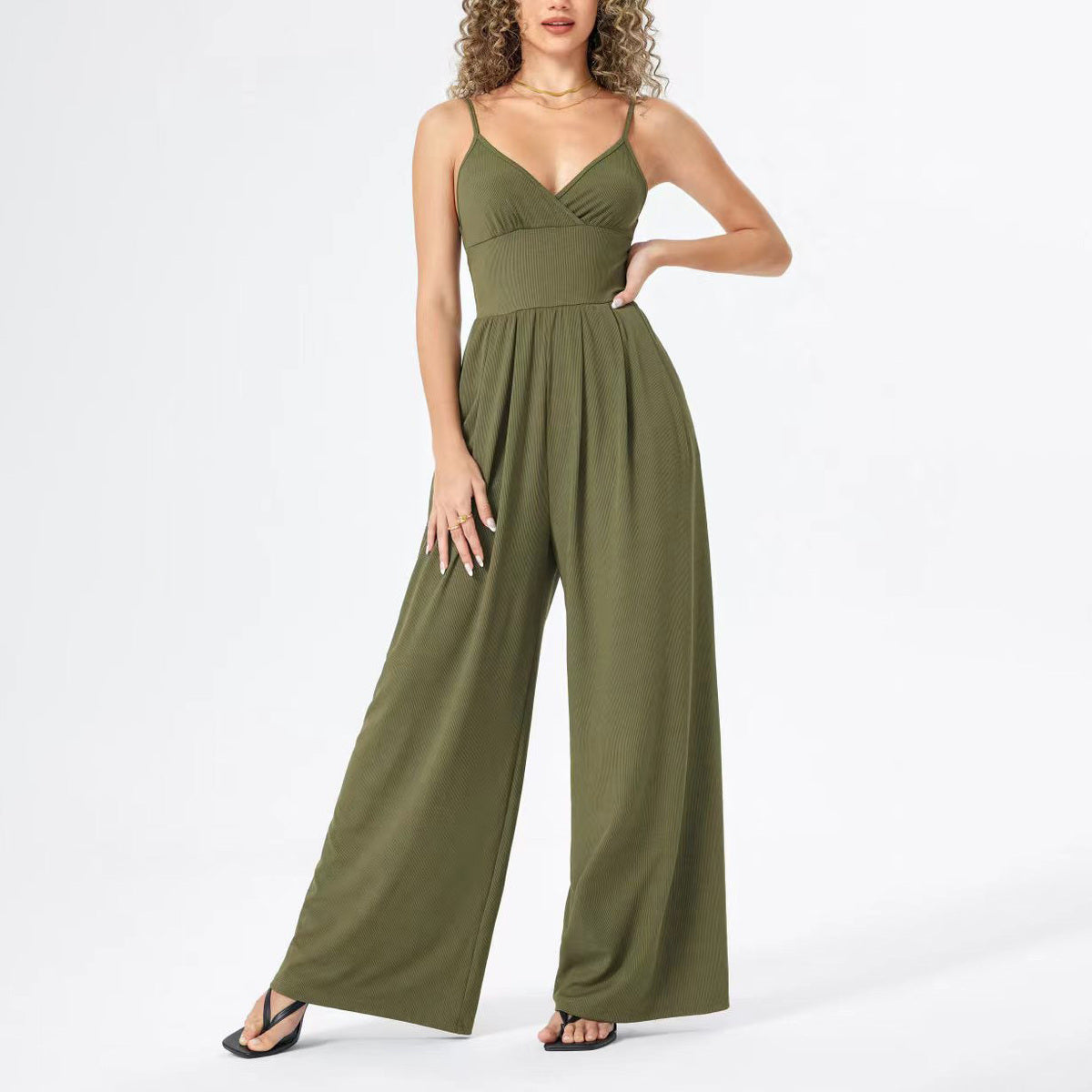 Women Casual Solid Color V-Neck Spaghetti Strap Jumpsuits