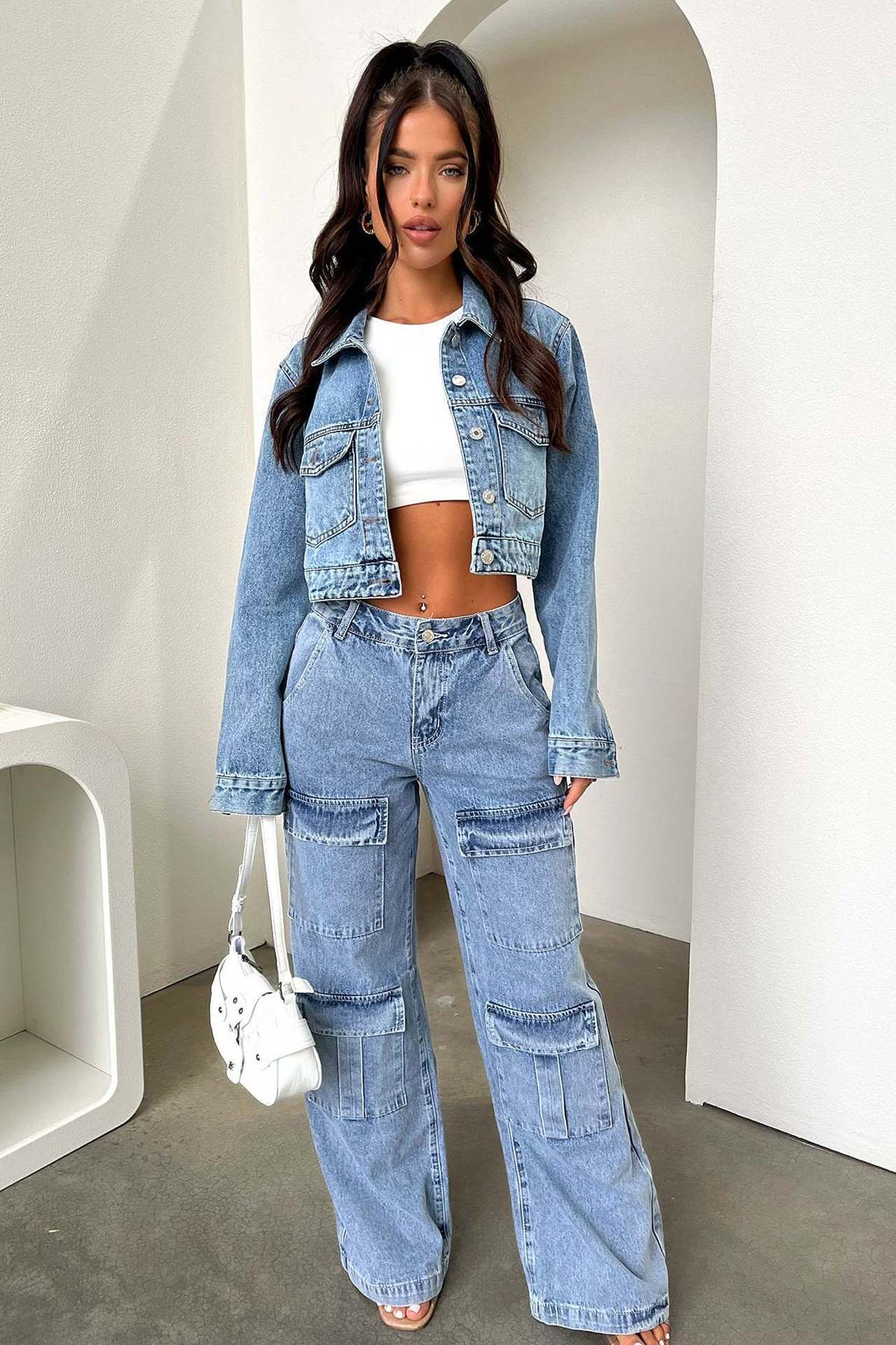 Jean large multi-poches décontracté à la mode pour femme