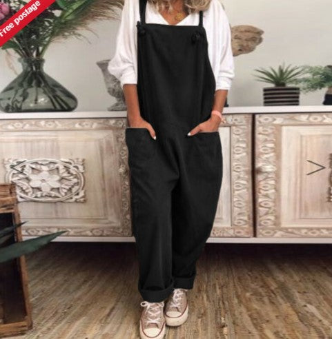 Women Casual Solid Color Cotton Linen Sleeveless Jumpsuit