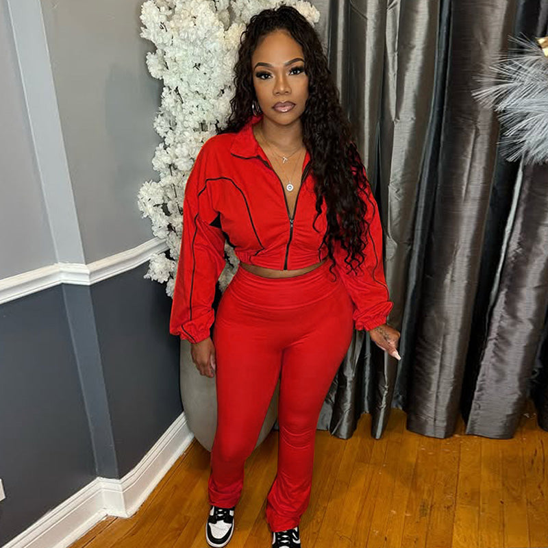 Fashion Women Double Stitching Contrast Color Zipper Crop Top and Wide-Leg Pants Set