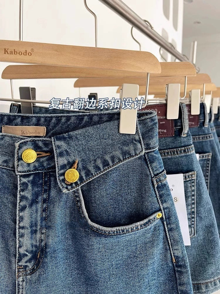 Pantalones cortos vaqueros de pierna ancha y cintura alta informales a la moda para mujer