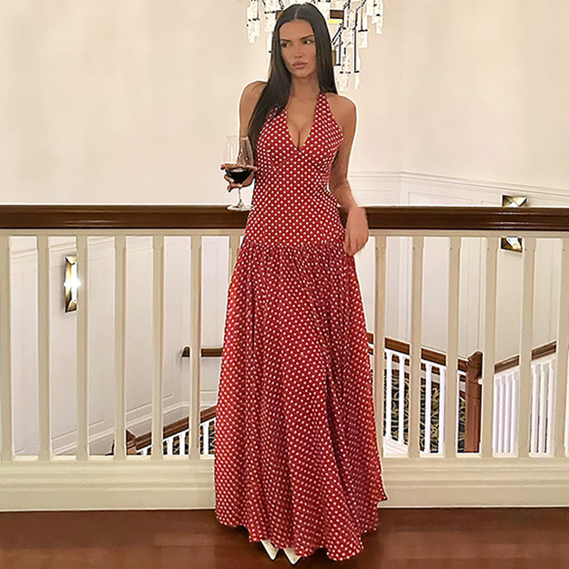 Women Fashion Sexy Polo Dot Printed V Neck Dress with Lace Up