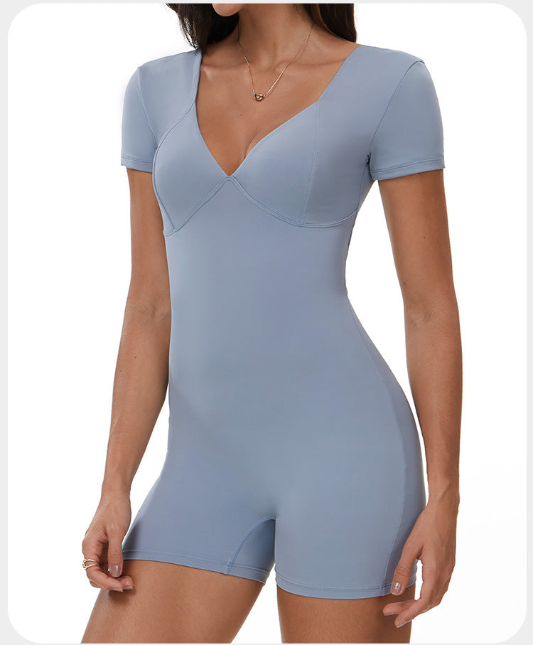 Women Solid Color V-Neck Short-Sleeve Backless Yoga Romper