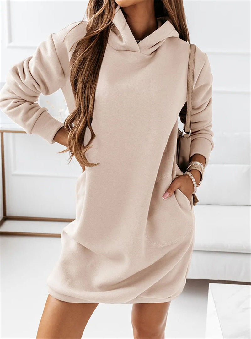 Vestido informal con capucha de manga larga y color liso para mujer