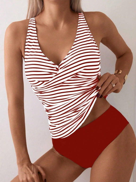 Maillot de bain tankini à rayures et col en V pour femme