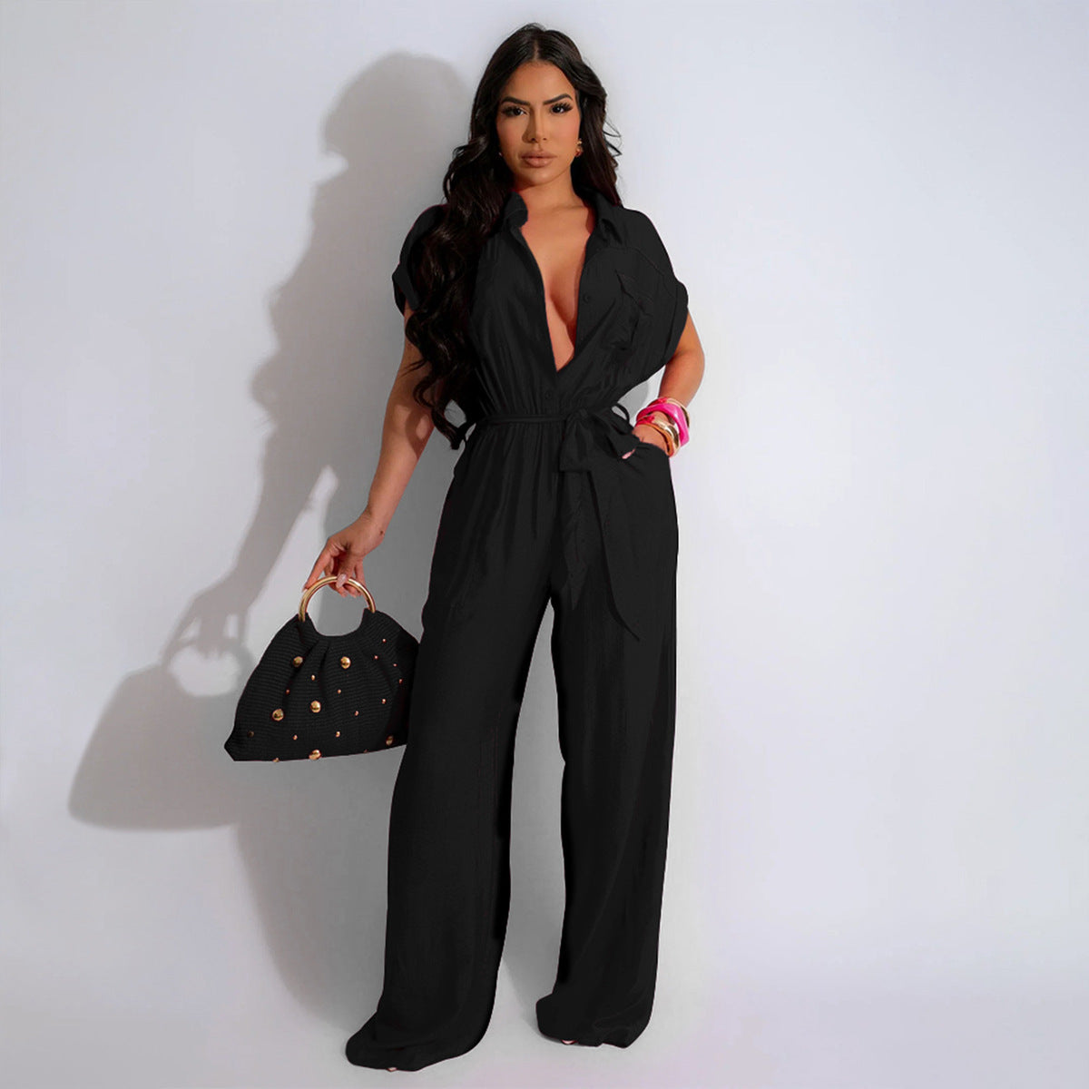 Women Fashion Casual Solid Color Jumpsuits with Pockets