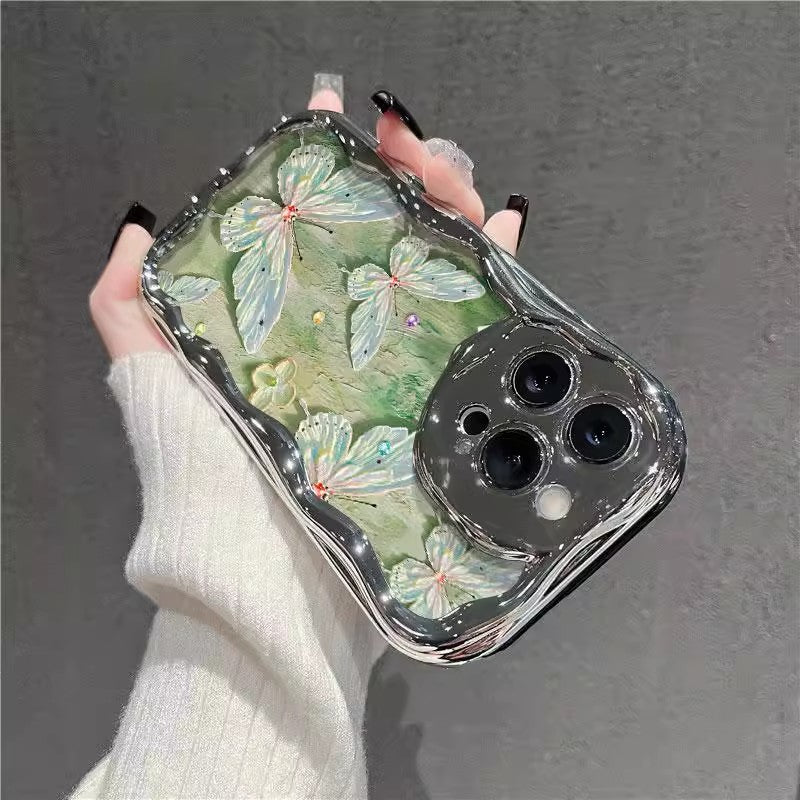 Funda para iPhone galvanizada resistente a caídas con diseño de mariposa y pintura al óleo a la moda para mujer