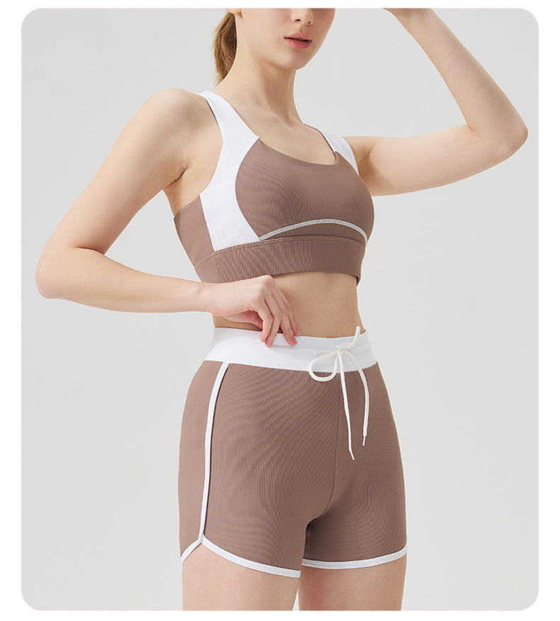 Women Fashion Contrast Color Backless Tank Top and Shorts Two-Piece Set