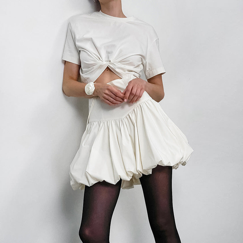 Falda abullonada de algodón de color liso elegante a la moda para mujer