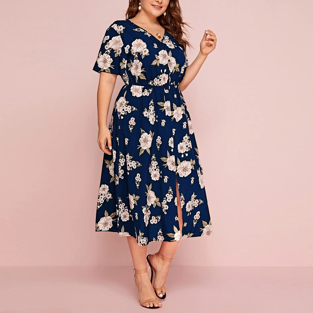 Vestido informal de gasa con cuello en V y estampado floral para mujer, talla grande