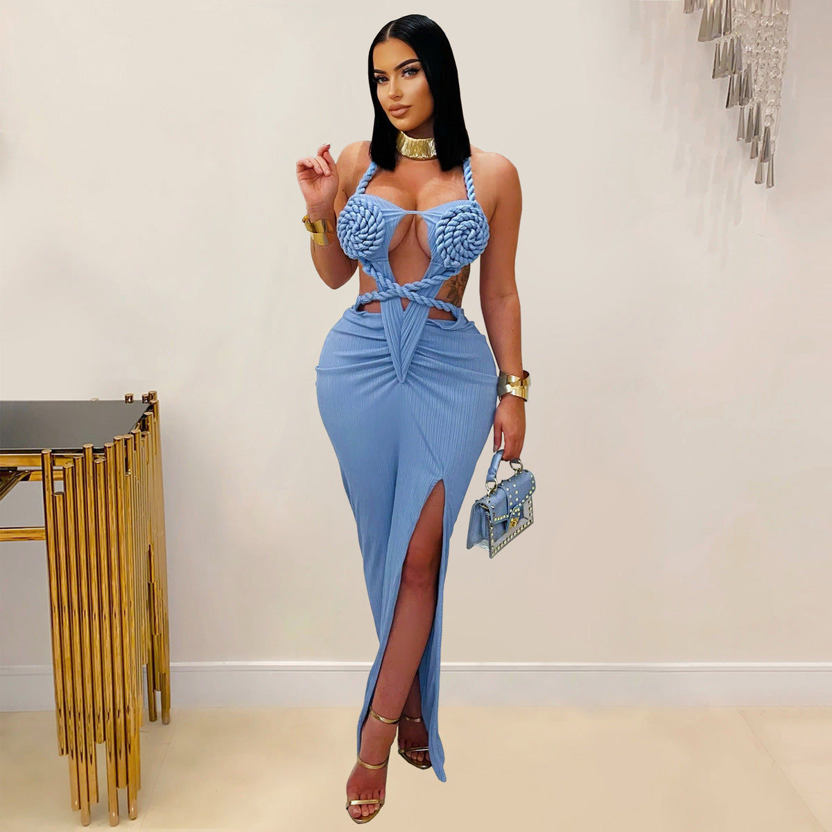Robe dos nu sexy à col licou ajouré de couleur unie pour femme