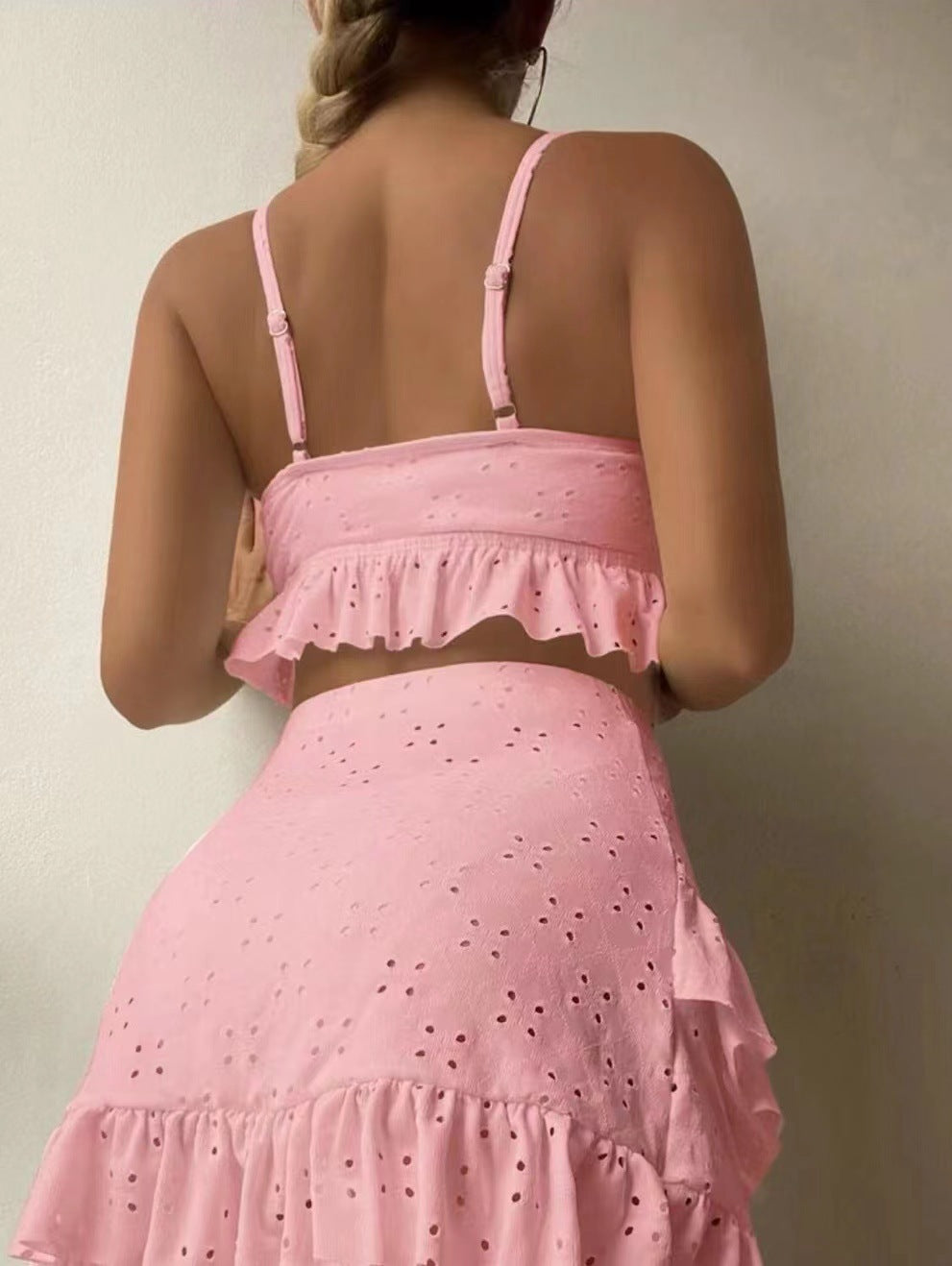 Maillot de bain trois pièces sexy en dentelle ajourée de couleur unie pour femme