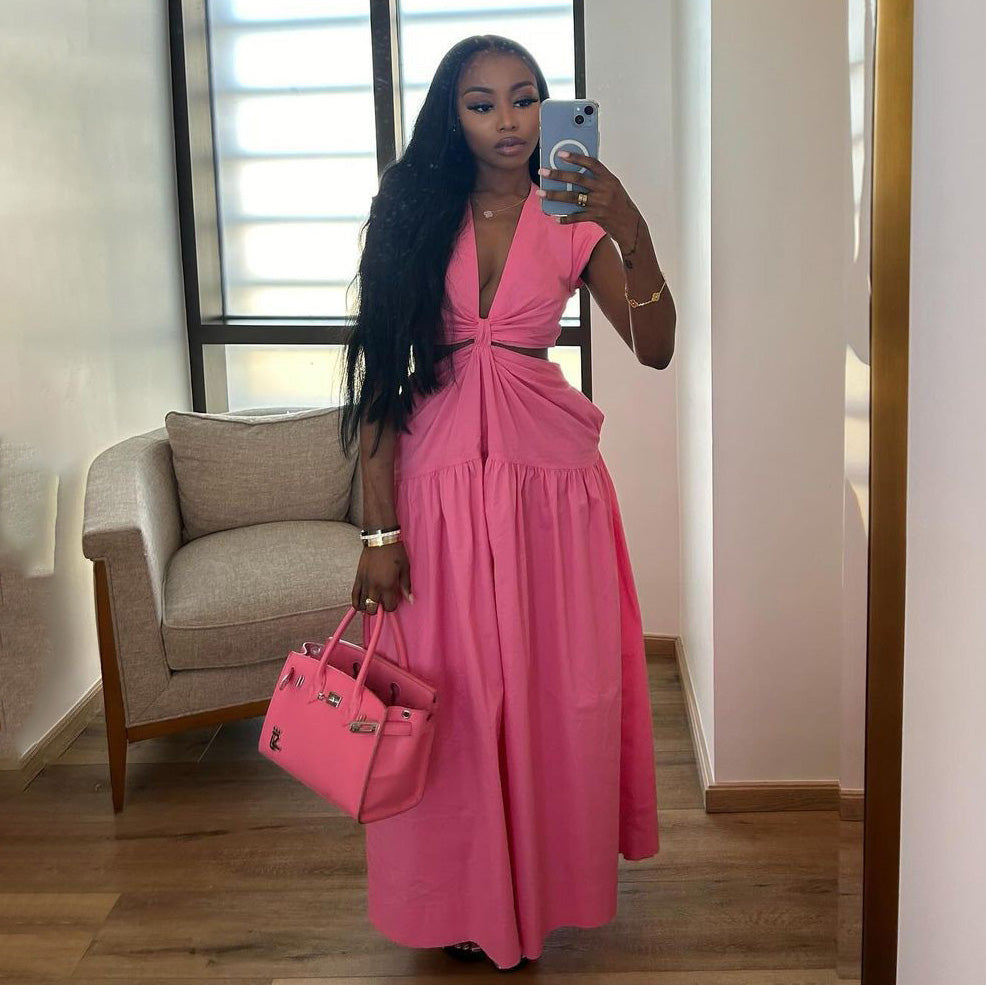 Women Fashion Sexy Solid Color Hollow-Out Dress