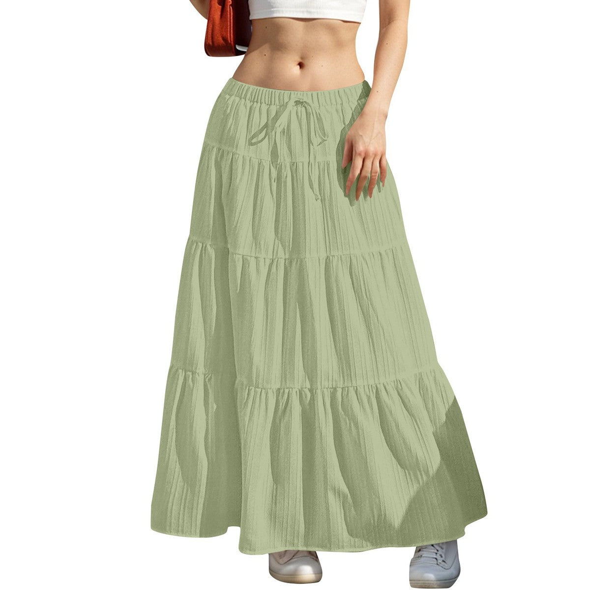Women Casual Solid Color Drawstring Maxi Skirt with Splice Design
