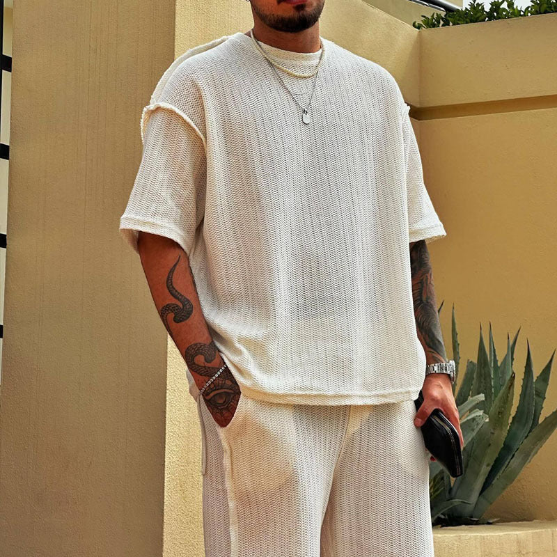 Conjunto de camiseta y pantalones cortos de manga corta de mezcla de algodón para hombre, estilo informal y vacacional