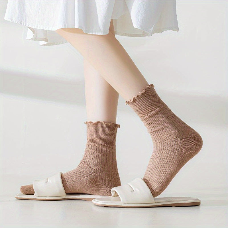 Calcetines casuales de algodón con borde rizado para mujer en colores lisos