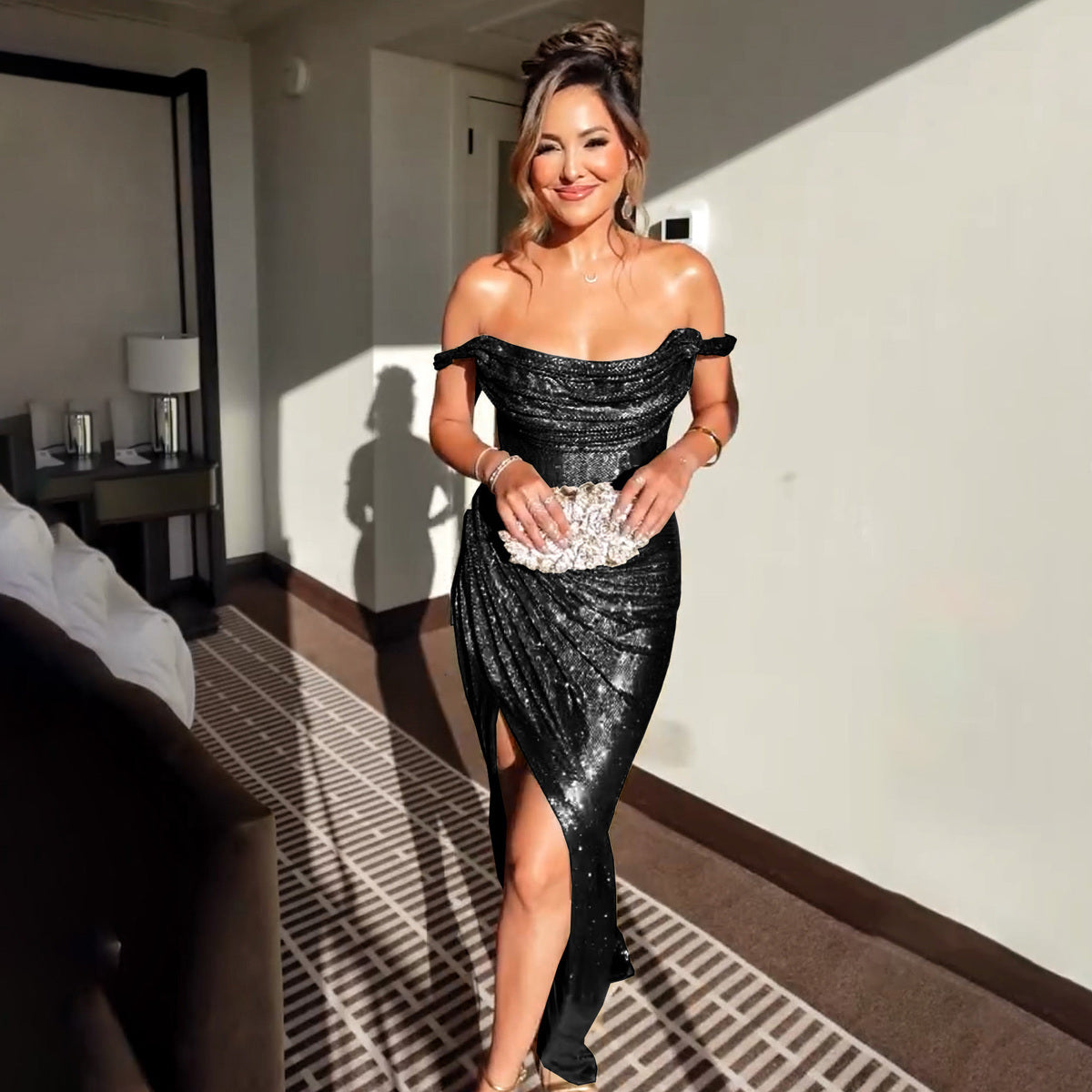Robe sexy à épaules dénudées et couleur unie pour femme