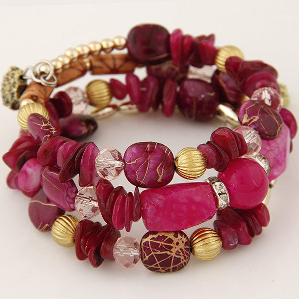 Women Fashion Boho Handmade Wooden Beaded Shell Gravel Crystal Multilayer Bracelet