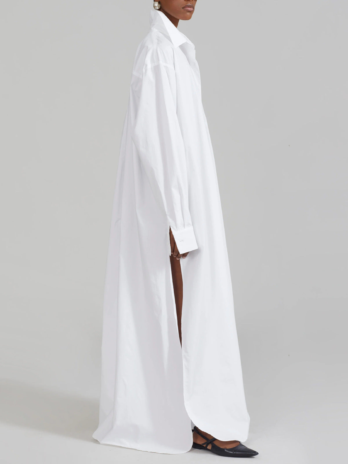 Vestido camisero informal de manga larga con solapa y abertura en color liso para mujer