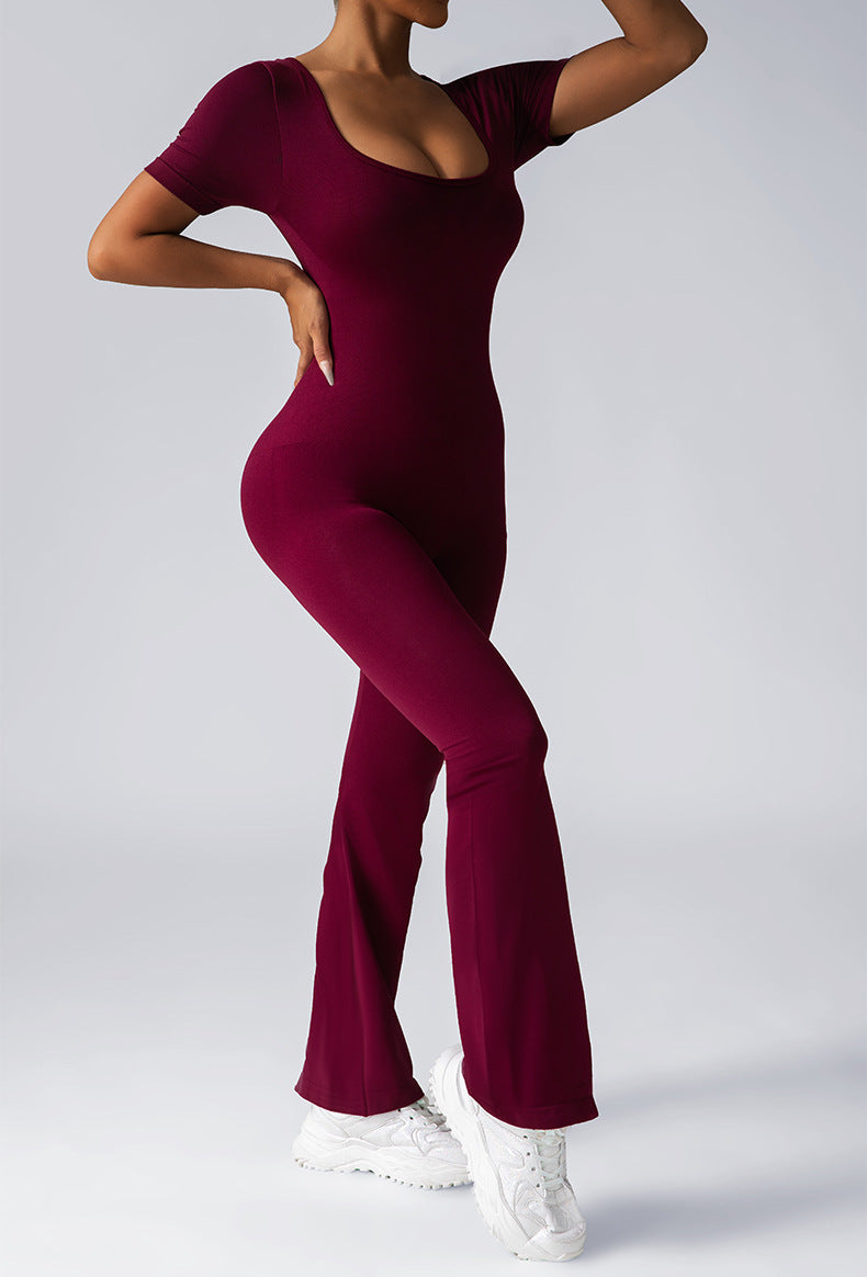 Women Fashion Casual Solid Color Seamless Short-Sleeve Backless Yoga Jumpsuits