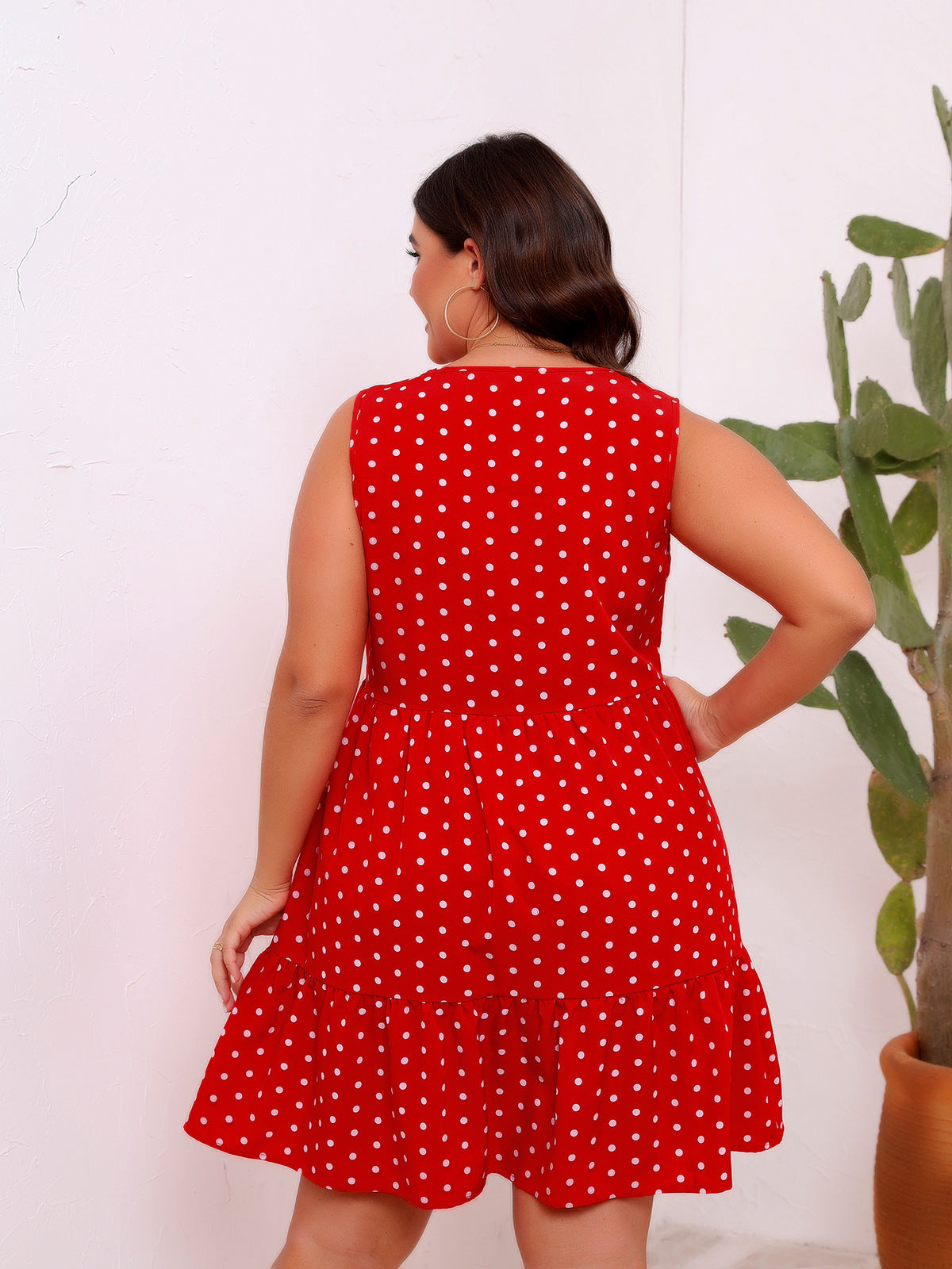 Women Casual Plus Size Dot Print Sleeveless Dress