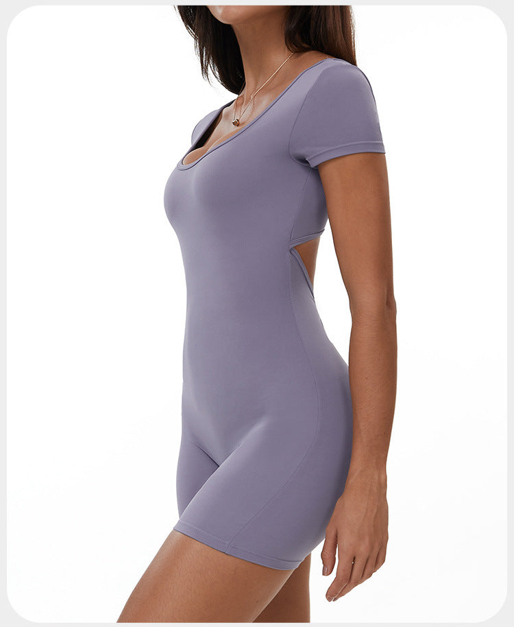 Women Solid Color Short-Sleeve Backless Yoga Rompers - Stylish and Comfortable Activewear