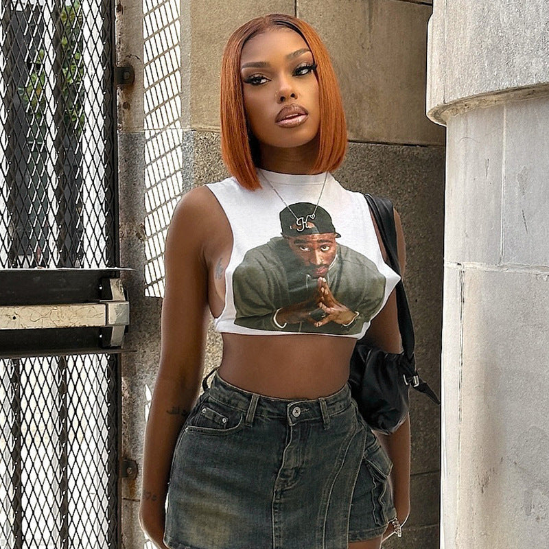 Top corto sin mangas con cuello redondo y estampado 3D sexy para mujer