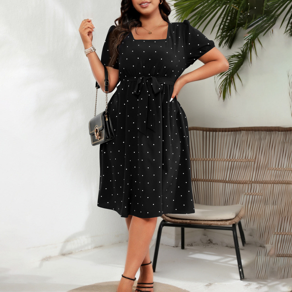 Vestido informal de talla grande con estampado de ondas y cuello cuadrado para mujer