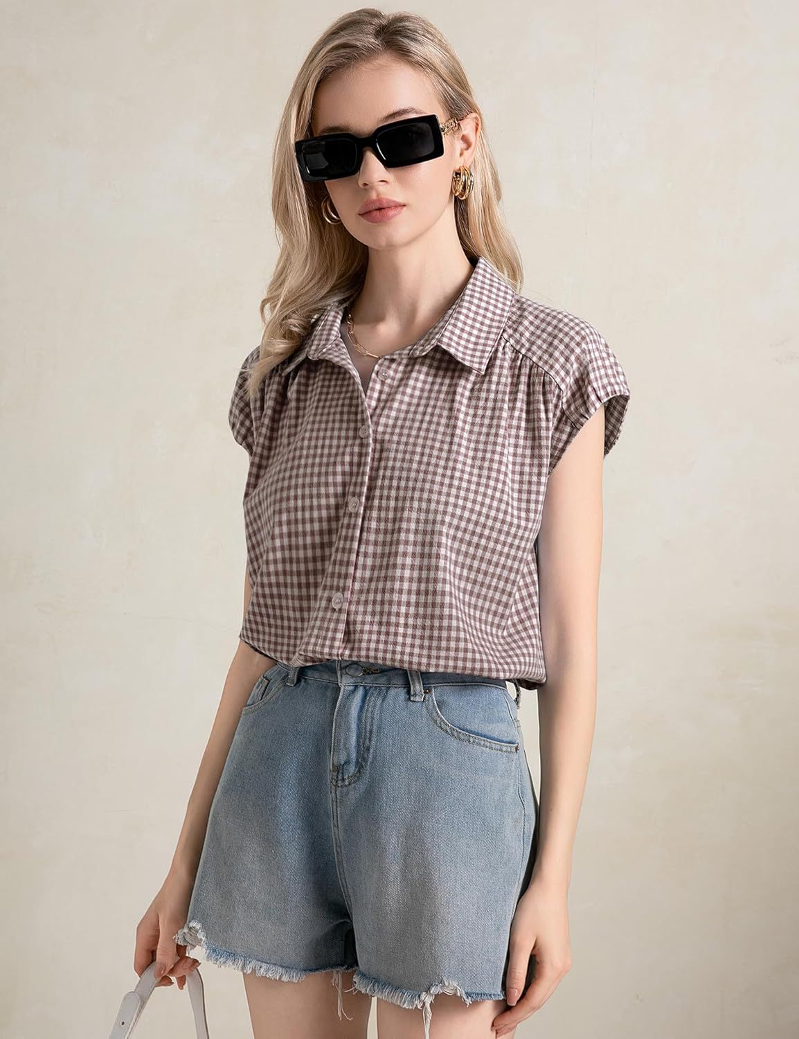 Blusa informal de manga corta a cuadros para mujer, con solapa, material: algodón y poliéster.