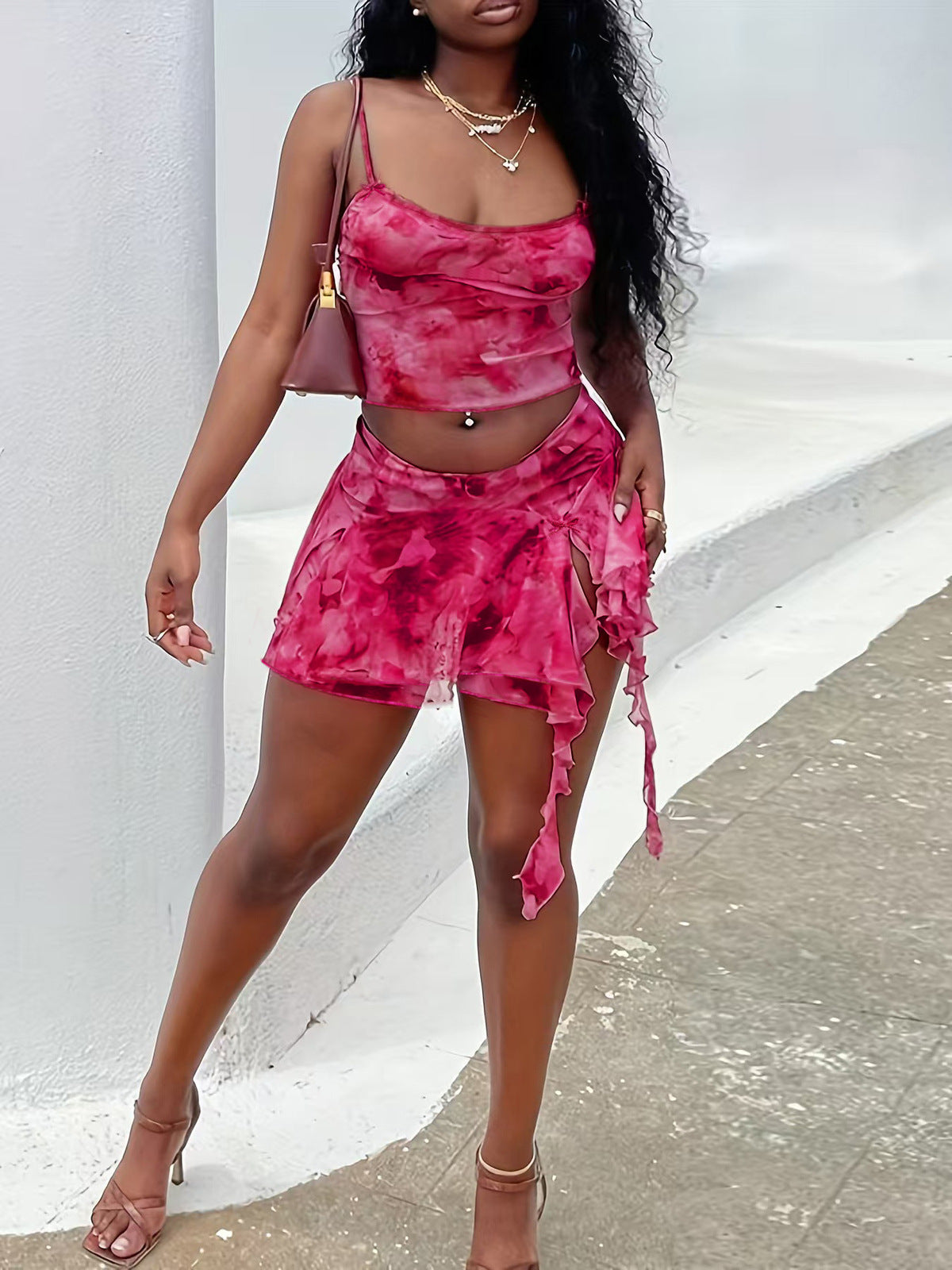 Women Fashion Sexy Tie-Dye Mesh Camisole Skirt Set