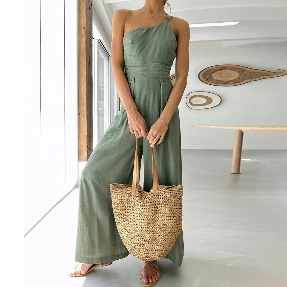 Mono informal de lino y algodón de color liso a la moda para mujer