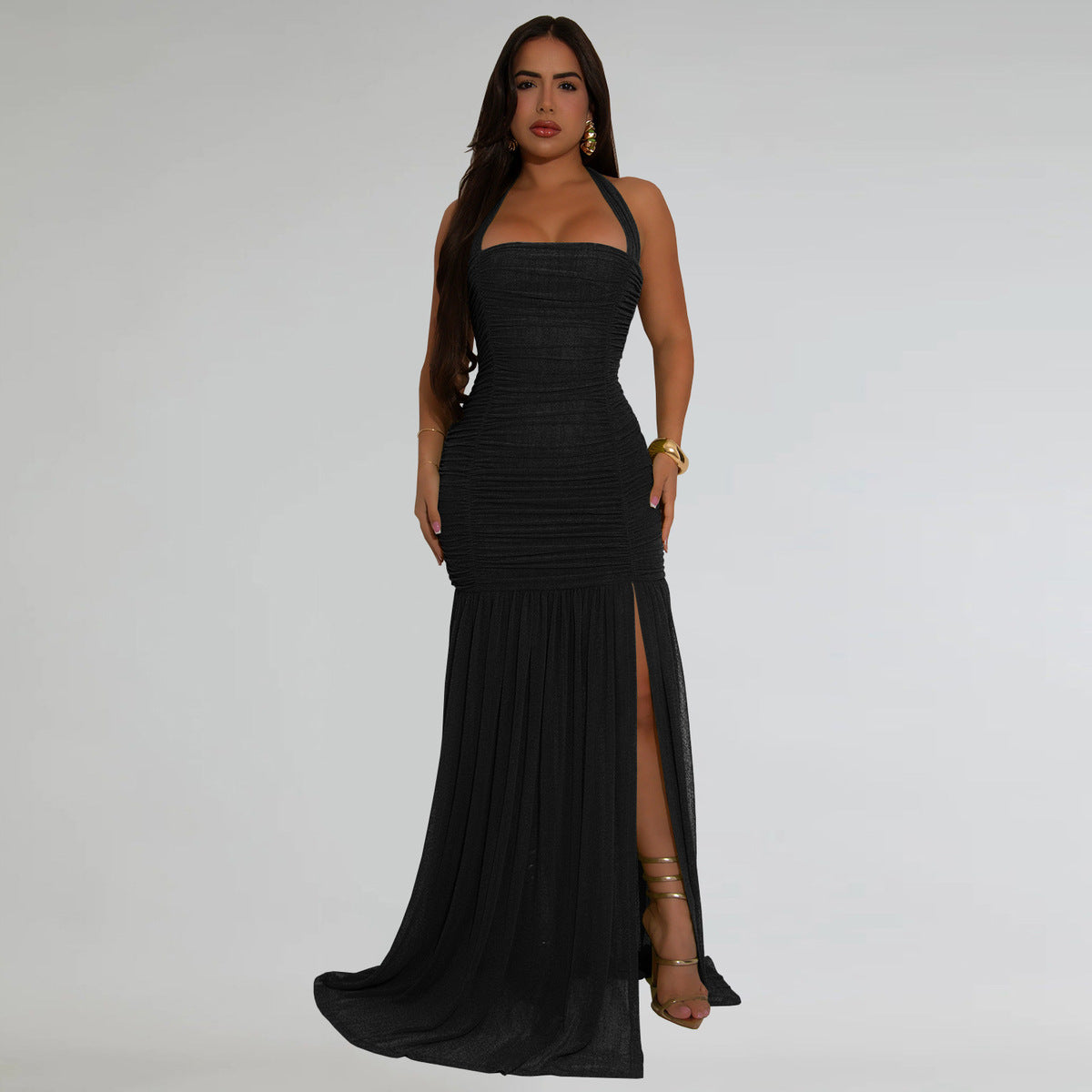 Robe élégante à dos nu plissée en maille de couleur unie pour femme