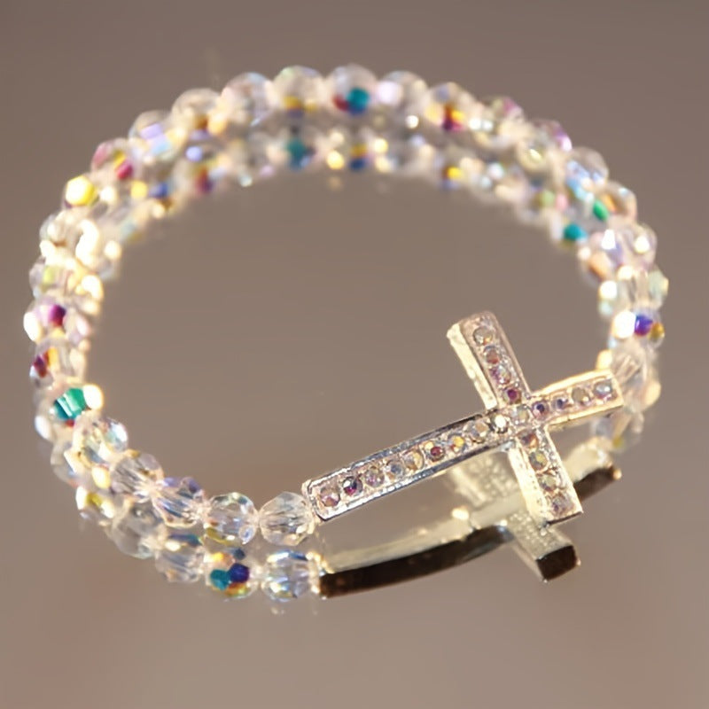 Women Fashion Cross Beaded Bracelet Glass Pink Natural Style