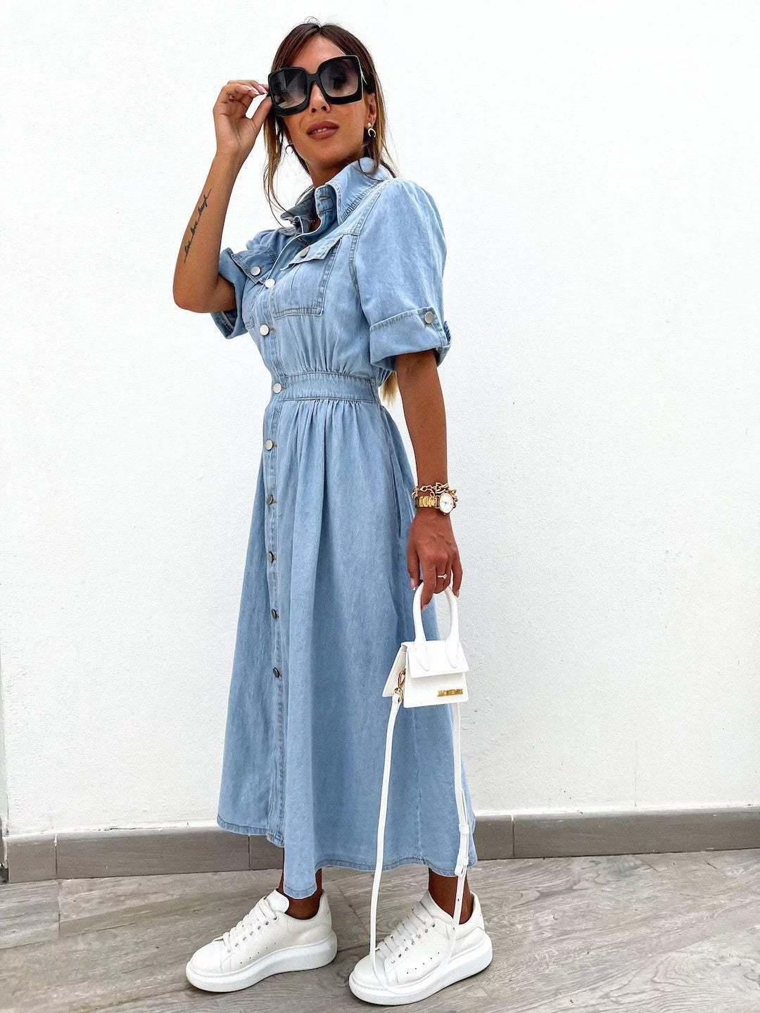Vestido vaquero informal de manga corta con solapa para mujer