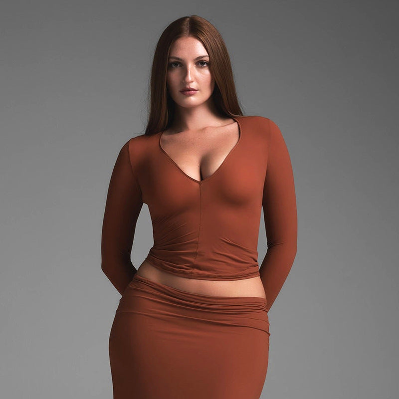 Women Fashion Casual Solid Color Deep V-Neck T-Shirt