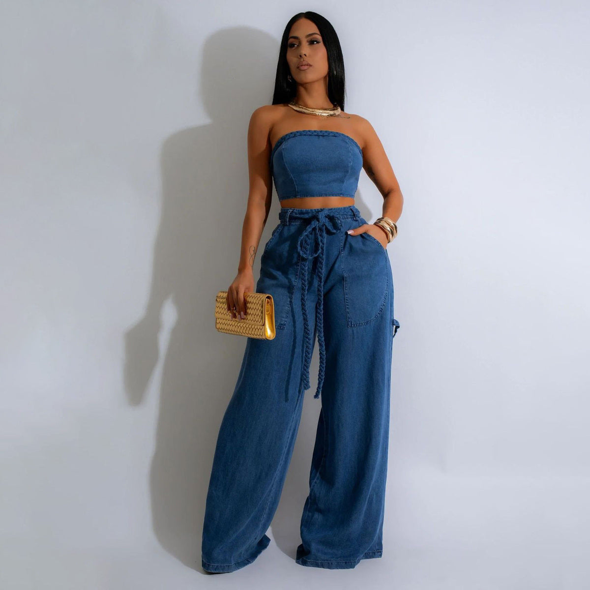 Conjunto de vaqueros con cordones y parte superior de tubo de mezclilla informal a la moda para mujer