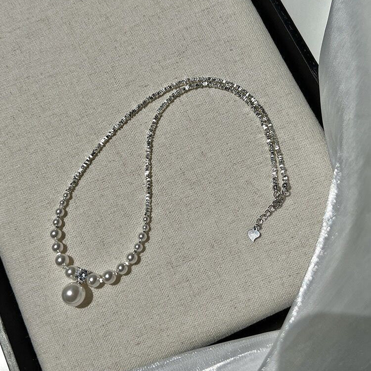 Collar elegante de perlas de plata para mujer, estilo geométrico