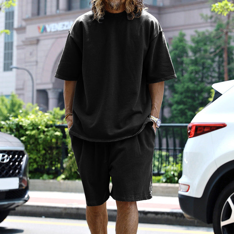 Men's Casual Solid Color Cotton Blend T-Shirt and Shorts Set