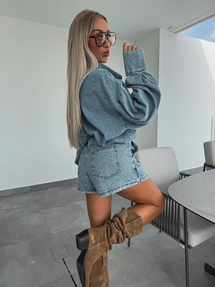 Women Casual Denim Coat and Irregular Skirt Two-Piece Set