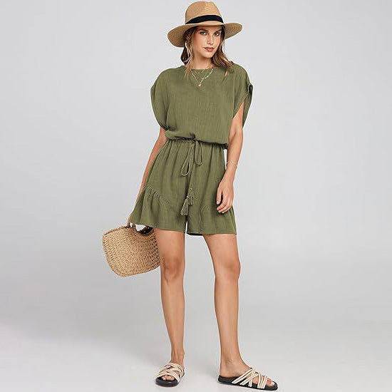 Combinaison décontractée en coton et lin pour femme, couleur unie