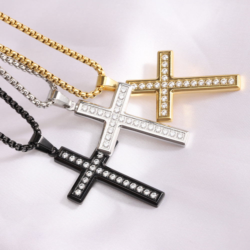 Fashion Simple Zircon Cross Stainless Steel Pendant Necklace
